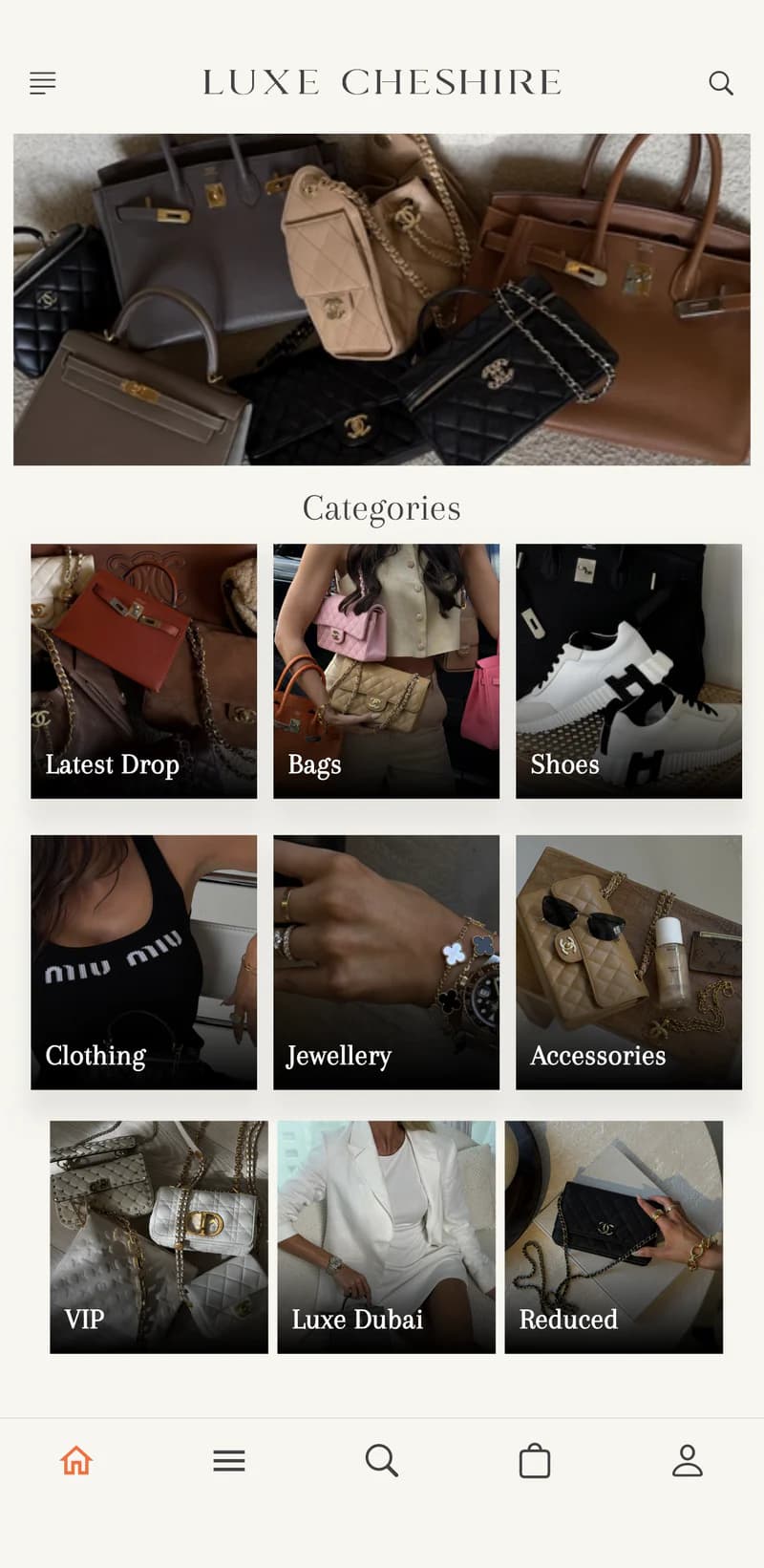 Luxe Cheshire app home screen with shop categories including VIP and Luxe Dubai
