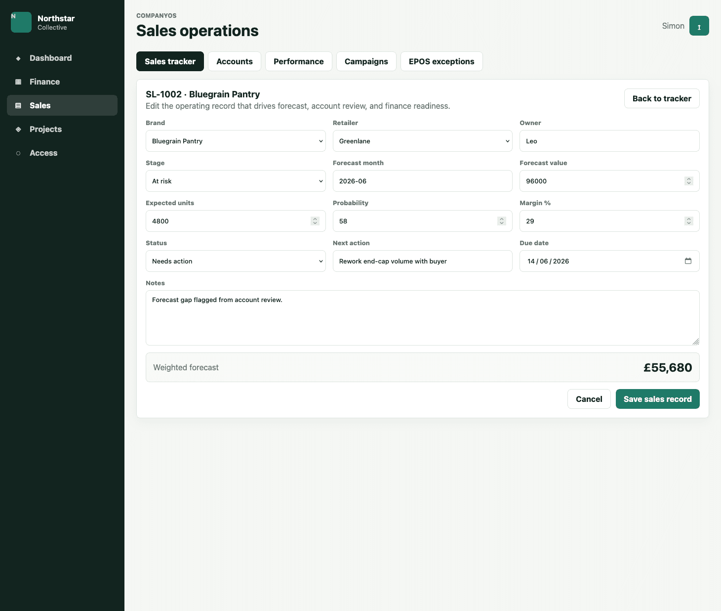 Company OS demo editable sales record with forecast, owner, due date, and weighted value.