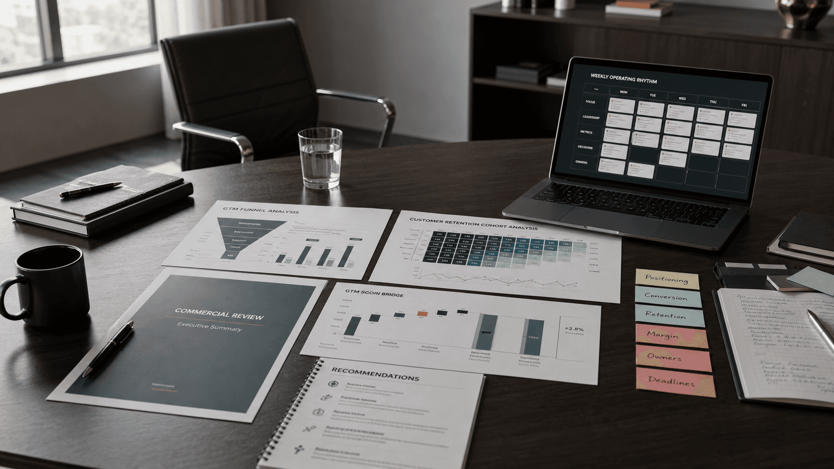 Operating rhythm desk with commercial priorities, margin review, and weekly action planning.