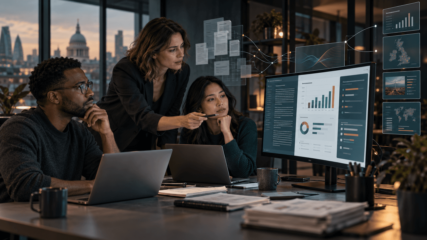 Three colleagues reviewing an AI-assisted business report together in a modern workplace.