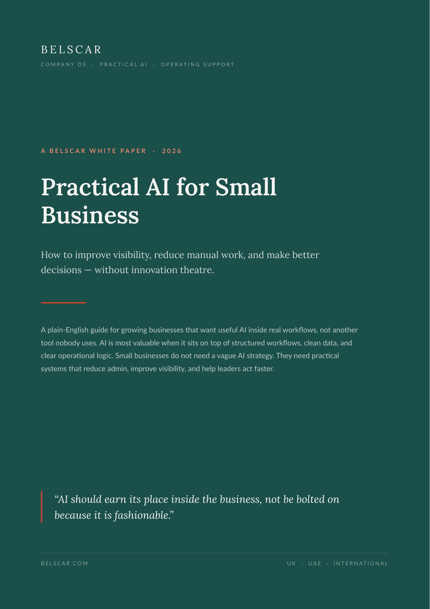 Cover of the Belscar Practical AI for Small Business whitepaper.