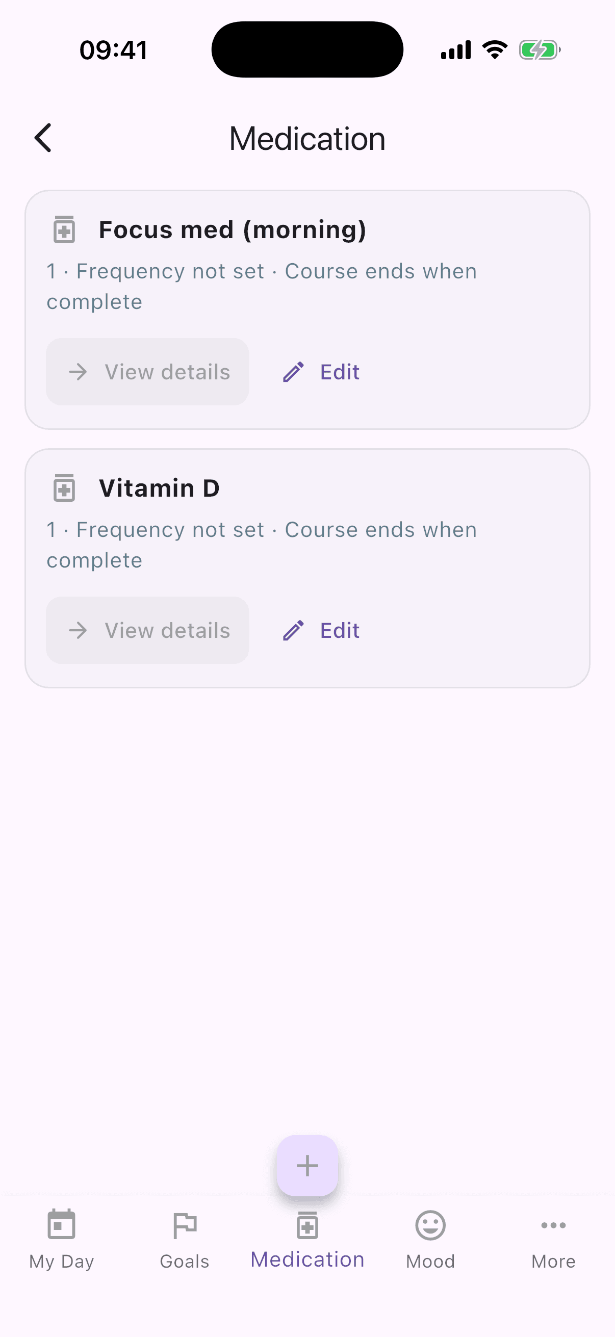 StillMinds medication list with Focus med and Vitamin D