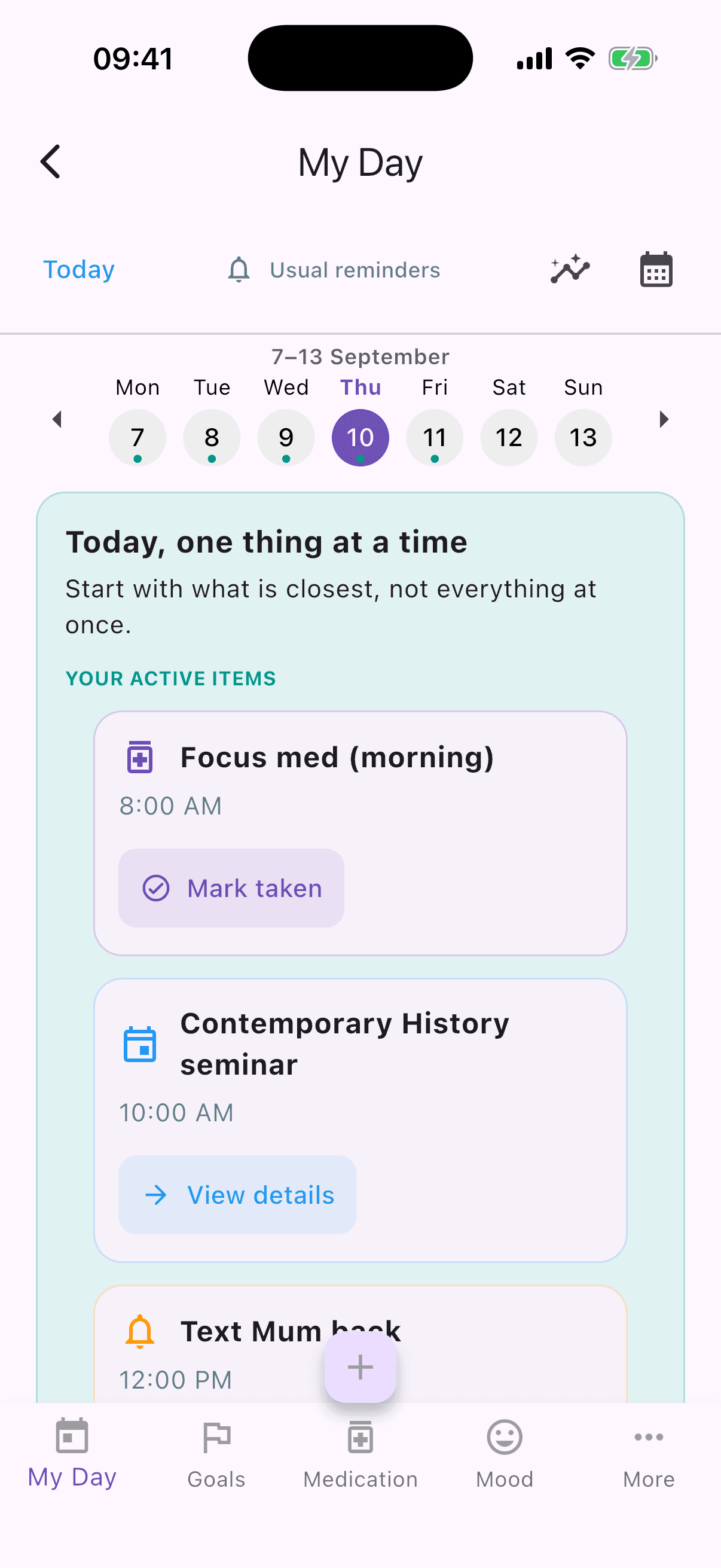 StillMinds My Day focus view — what now